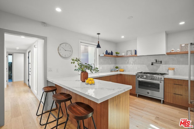 kitchen with backsplash, light hardwood / wood-style flooring, high end stove, a kitchen bar, and kitchen peninsula