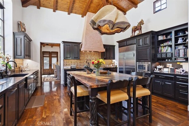 kitchen with wooden ceiling, sink, built in appliances, beamed ceiling, and a kitchen island