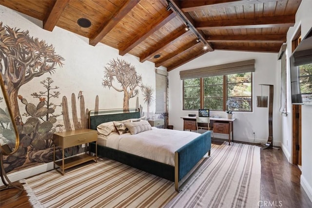 bedroom with wooden ceiling, lofted ceiling with beams, wood-type flooring, and multiple windows