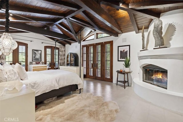 unfurnished bedroom with french doors, vaulted ceiling with beams, tile patterned floors, and wooden ceiling