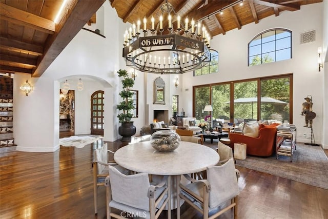 dining space with beam ceiling, dark wood-type flooring, high vaulted ceiling, and wooden ceiling