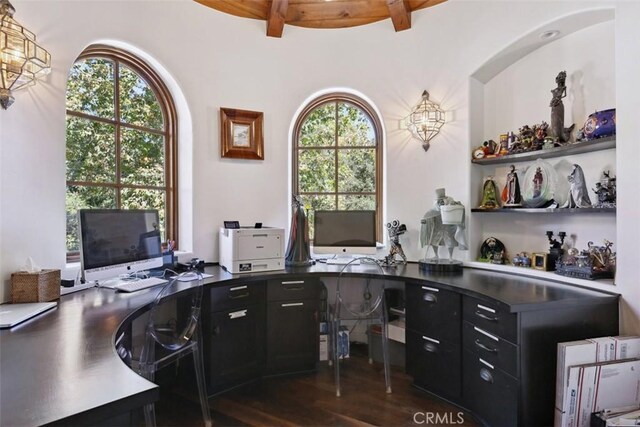 home office featuring beam ceiling, dark hardwood / wood-style flooring, and a healthy amount of sunlight