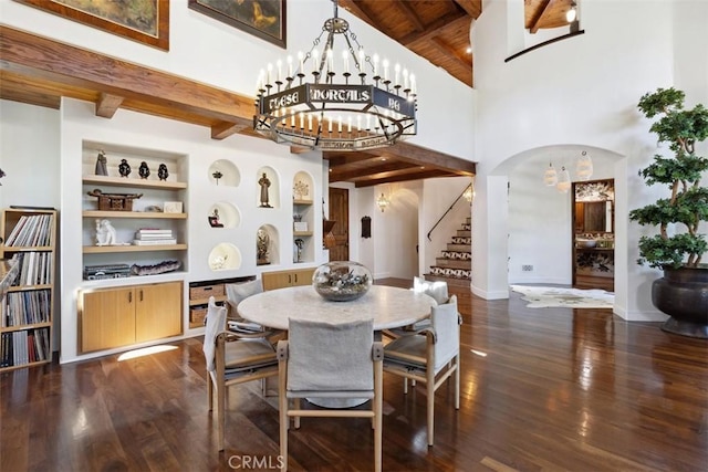 dining area featuring beamed ceiling, a high ceiling, built in shelves, and dark wood-type flooring