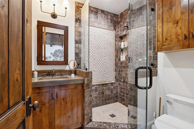 bathroom featuring vanity, toilet, and a shower with shower door