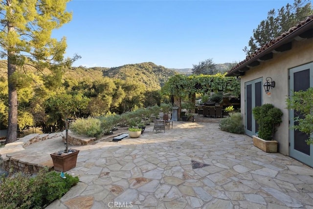 view of patio / terrace with a mountain view