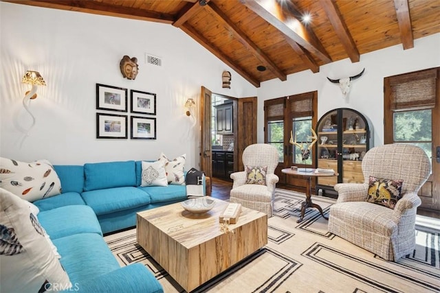 living room with beam ceiling, high vaulted ceiling, and wood ceiling