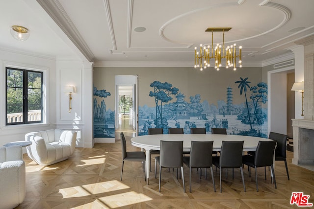 dining room featuring ornamental molding, a chandelier, and light parquet floors