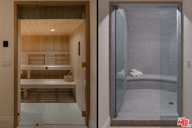 view of sauna / steam room with tile patterned floors