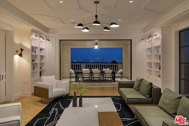 living room featuring ornamental molding and built in shelves