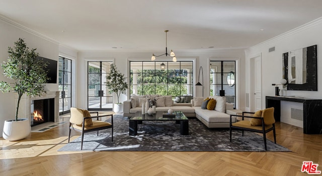 living room featuring light parquet flooring, a wealth of natural light, and crown molding