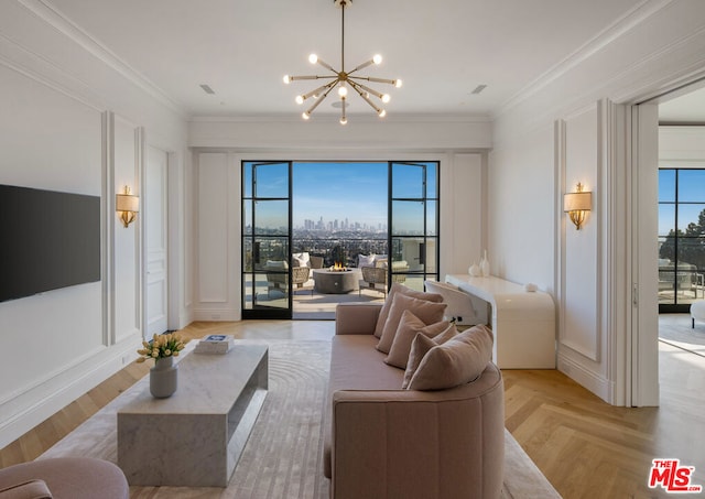 living room with crown molding, plenty of natural light, and light parquet flooring