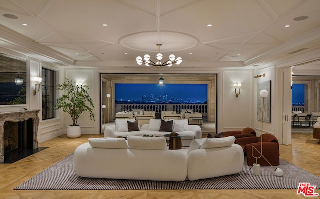 cinema featuring light parquet floors, ornamental molding, coffered ceiling, and a notable chandelier