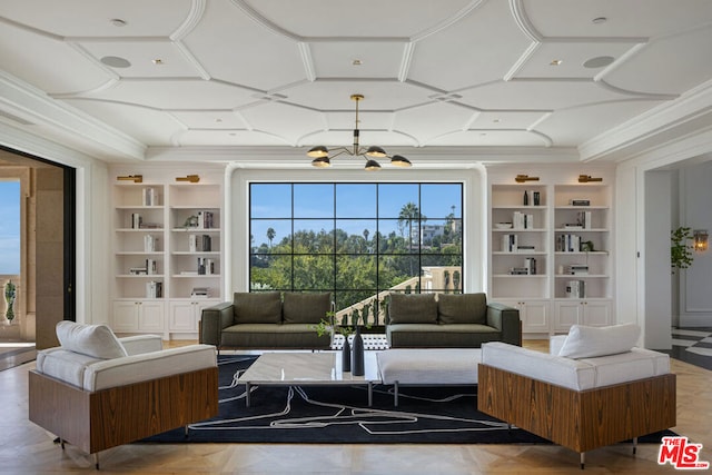 living room with parquet flooring, built in features, coffered ceiling, a notable chandelier, and crown molding