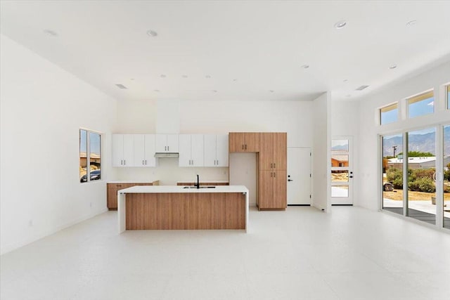 kitchen with a towering ceiling, a center island with sink, white cabinets, and sink