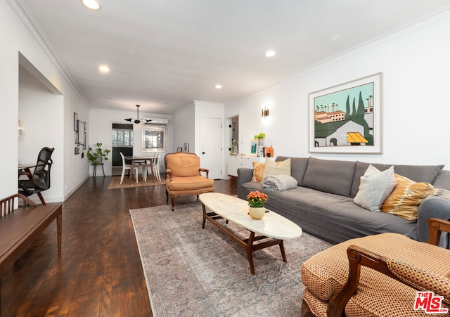 living room with ceiling fan, ornamental molding, and dark wood-type flooring