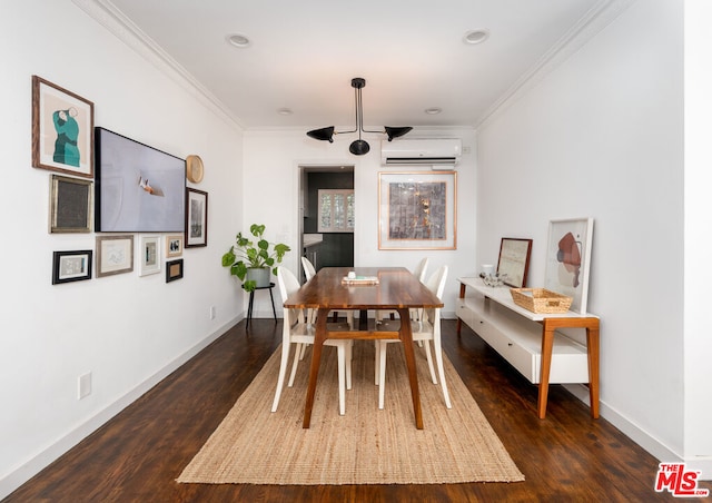 dining space featuring ornamental molding, a wall mounted AC, and dark wood-type flooring