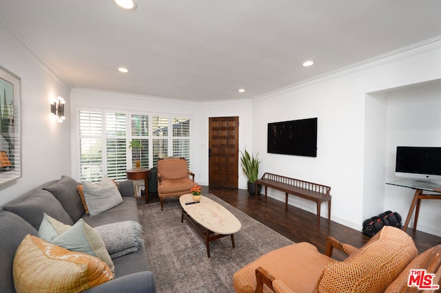 living room featuring crown molding and dark hardwood / wood-style flooring