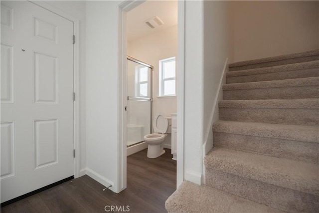 stairway with hardwood / wood-style flooring