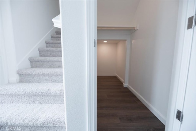 stairway with hardwood / wood-style floors