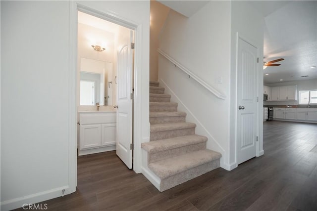 stairway featuring hardwood / wood-style flooring and ceiling fan