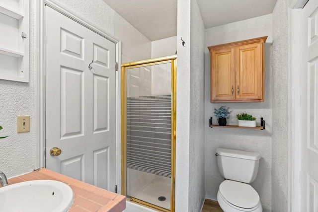 bathroom featuring an enclosed shower, vanity, and toilet