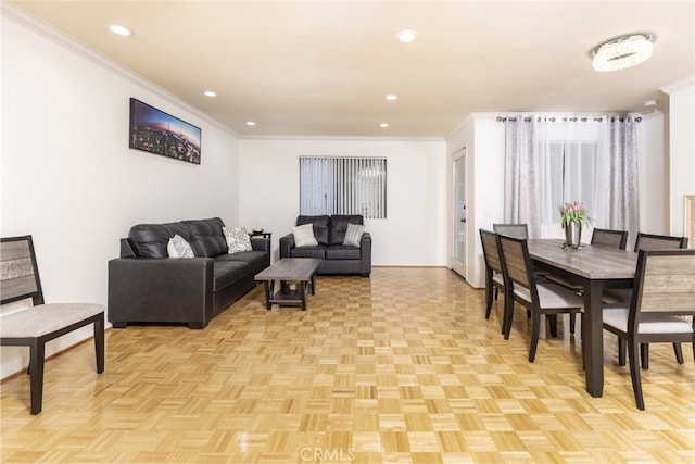 living room featuring crown molding and light parquet flooring