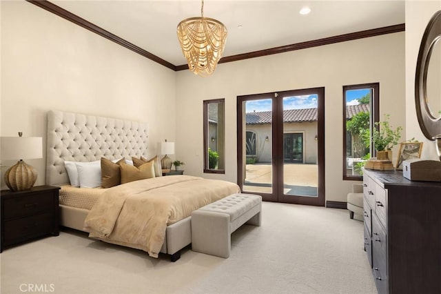 bedroom featuring access to outside, light carpet, crown molding, and a chandelier