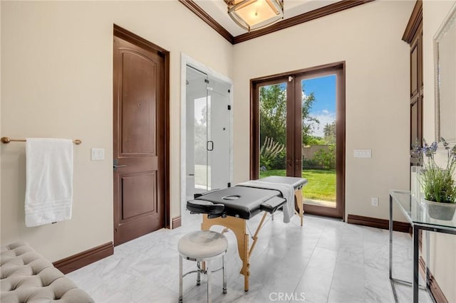 game room with ornamental molding