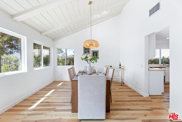 dining area featuring beam ceiling, light hardwood / wood-style flooring, high vaulted ceiling, and wood ceiling