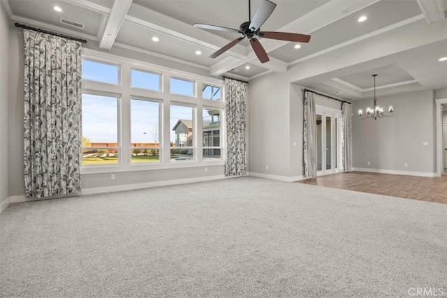 unfurnished living room with ceiling fan with notable chandelier, beam ceiling, carpet floors, and crown molding