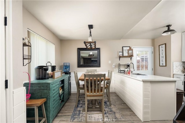 dining area featuring sink and wood-type flooring