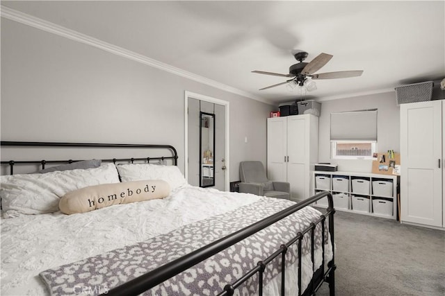 carpeted bedroom featuring ornamental molding and ceiling fan