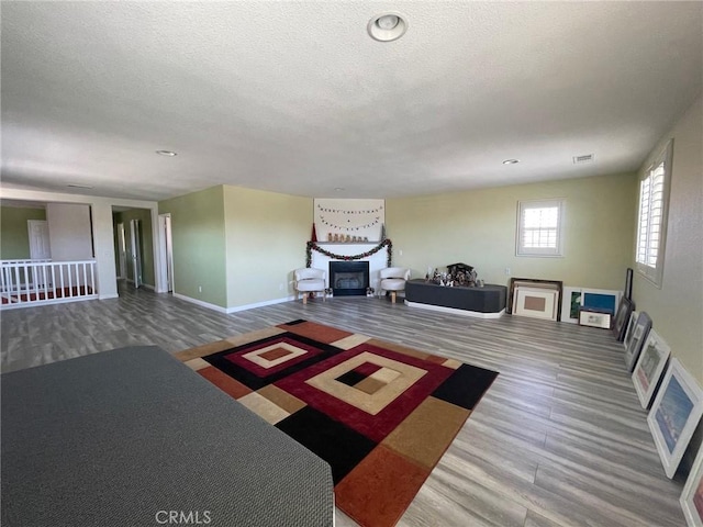 living room featuring a textured ceiling and hardwood / wood-style flooring