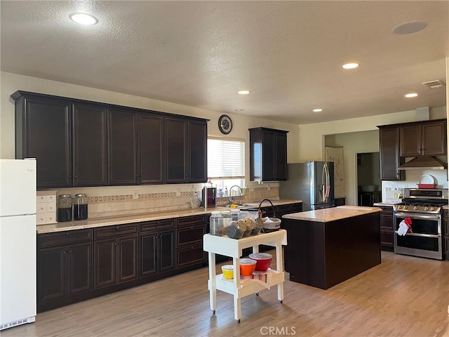 kitchen with decorative backsplash, light wood-type flooring, a textured ceiling, stainless steel appliances, and a kitchen island