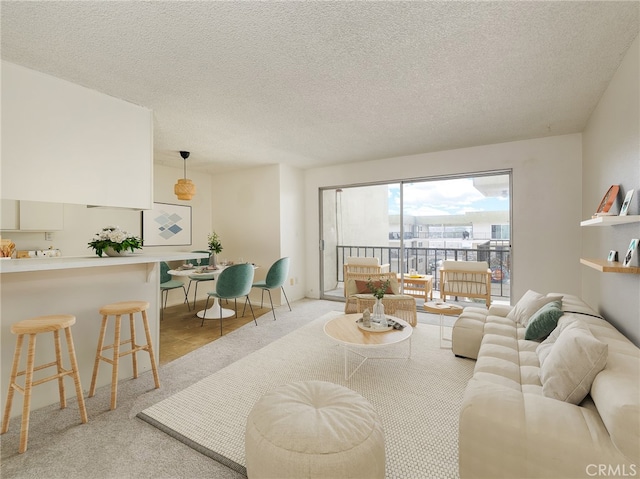 living room featuring light carpet and a textured ceiling