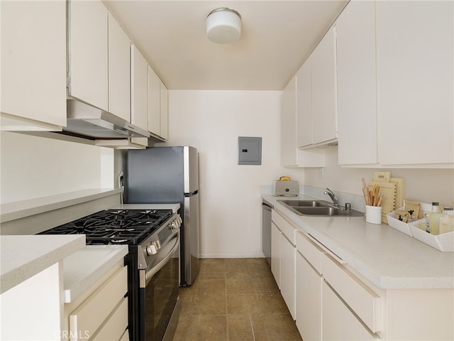 kitchen featuring white cabinets, sink, extractor fan, appliances with stainless steel finishes, and light tile patterned floors