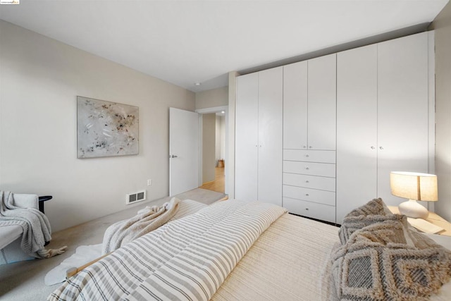 bedroom featuring a closet and light colored carpet