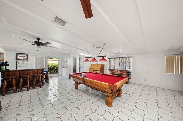 recreation room with indoor bar, ceiling fan, and billiards