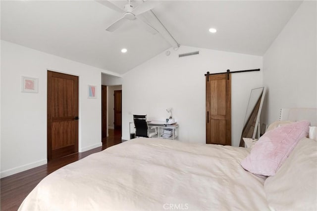 bedroom with ceiling fan, a barn door, dark hardwood / wood-style flooring, and lofted ceiling with beams