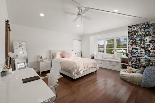 bedroom with ceiling fan and dark wood-type flooring