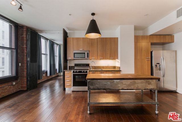 kitchen featuring hanging light fixtures, dark wood-type flooring, stainless steel appliances, and sink