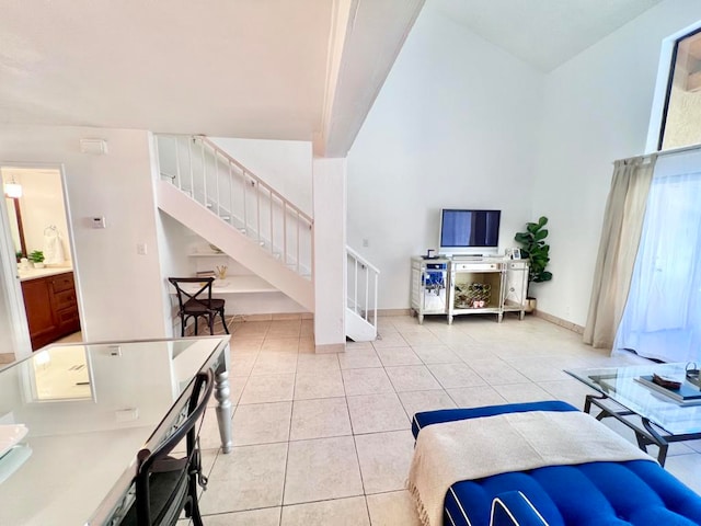 living room featuring light tile patterned floors