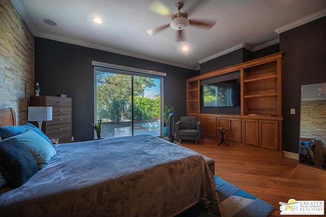 bedroom featuring ceiling fan, dark hardwood / wood-style floors, ornamental molding, and access to outside