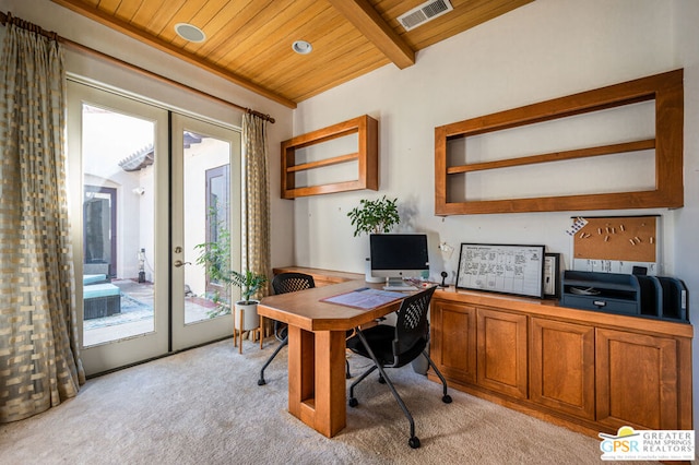 carpeted office space featuring french doors and wooden ceiling