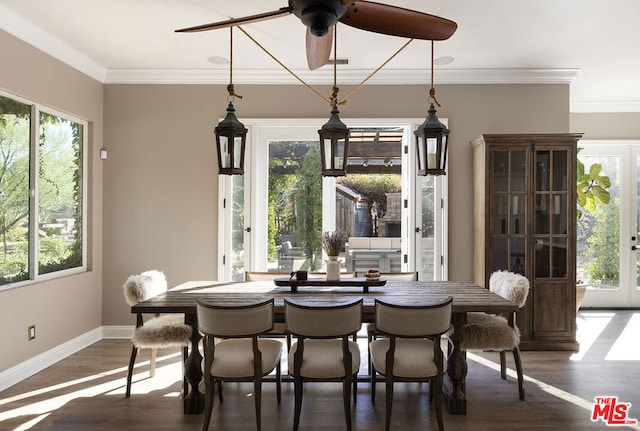 dining space featuring ceiling fan, ornamental molding, plenty of natural light, and dark hardwood / wood-style floors