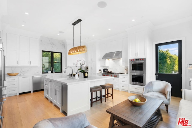 kitchen with appliances with stainless steel finishes, plenty of natural light, exhaust hood, and an island with sink