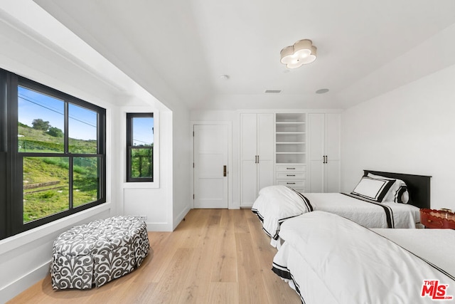 bedroom featuring multiple windows and light hardwood / wood-style flooring