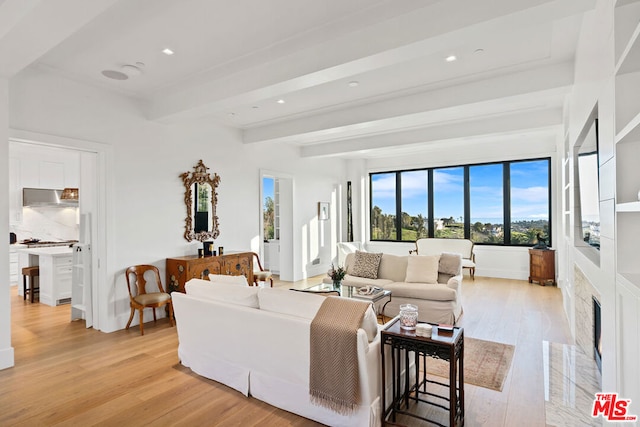 living room featuring beamed ceiling and light hardwood / wood-style flooring