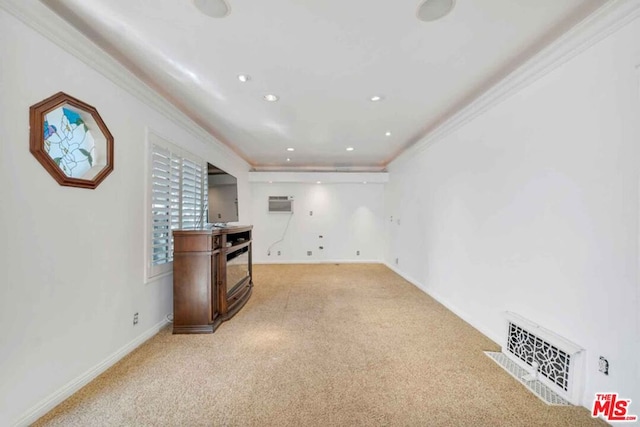 carpeted living room with ornamental molding and a wall unit AC