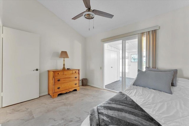 bedroom featuring ceiling fan and vaulted ceiling